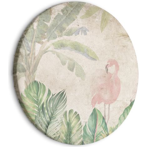 Tableau rond - Oiseaux échassiers parmi une flore exotique - Flamants roses parmi une végétation tropicale luxuriante dans un cadre délicat (1/4)