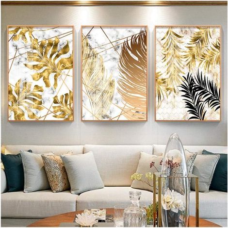 Lot de 3 tableaux sur toile de style nordique avec feuilles dorées - Décoration murale moderne pour salon ou chambre à coucher - 30 x 40 cm (sans cadre) (1/5)