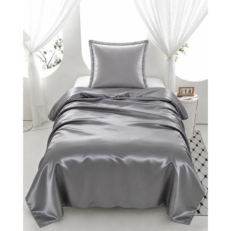 Satin Bettwäsche 155x220 cm kühlend grau mit Reißverschluss und Kissenbezug 80x80 cm