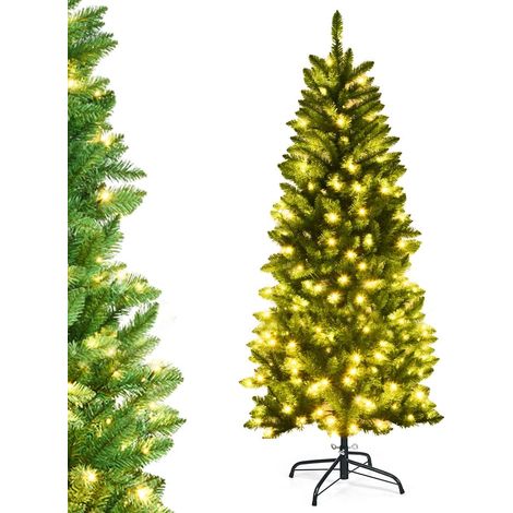 COSTWAY Albero di Natale con Luci 150/180 cm, Albero di Natale con 300/743 Rami Folti, 150/250 Luci LED e Base di Metallo, Albero di Natale Slim e Realistico per Casa e Negozio (150cm) (1/5)