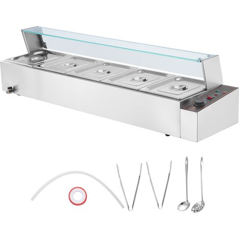 Mophorn – Chauffe-plats commercial 5 poêles 1700 W – Acier inoxydable – 5 x 8 QT – Système de surveillance niveau d'eau – Indicateur de combustion à sec