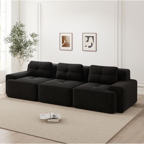 Canapé droit 3 places beige 293cm –Tissu velours côtelé noir– Accoudoirs larges –Assise profonde – Confort optimal – Sans assemblage (1/5)
