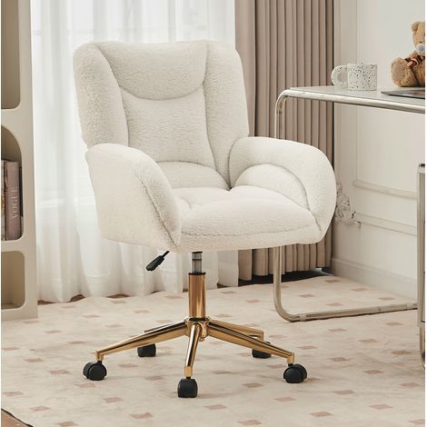 Silla de oficina giratoria de tejido Teddy blanco, altura regulable, base dorada, 64 x 62 x 92,5 cm