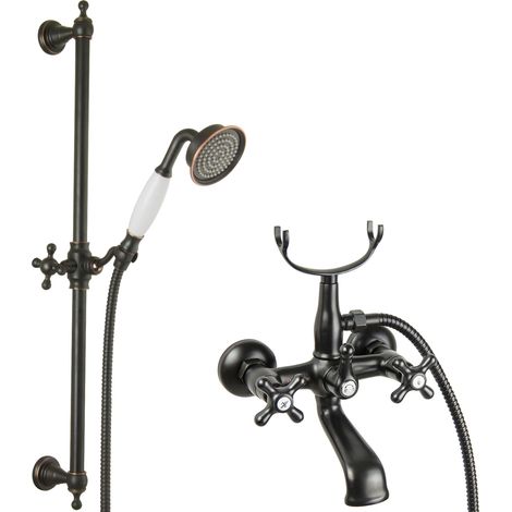 PaulGurkes schwarze Wannenarmatur Retro Duschstange Nostalgie Aufputz Wannen Set