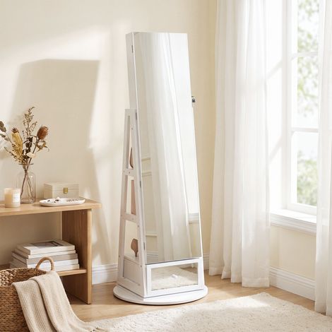 Armoire à Bijoux Miroir sur Pied avec Rangement Pivotant à 360° Verrouillable 48,5 x 48,5 x 152,3 cm Blanc et Noir