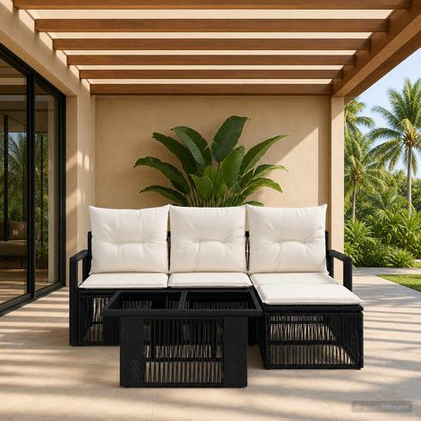 vidaXL Set Divano da Giardino 5 pz Nero e Bianco Crema polyrattan (1/5)