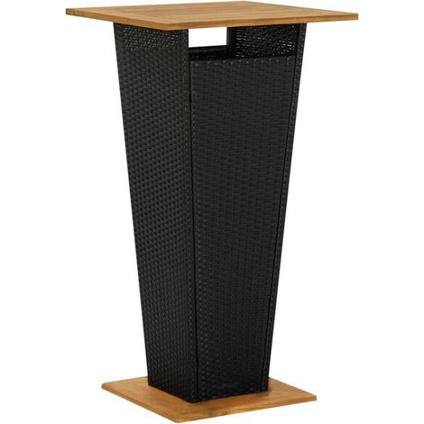 Table de bar noire, mesurant 60x60x110 cm, en résine tissée et bois d'acacia. (1/5)