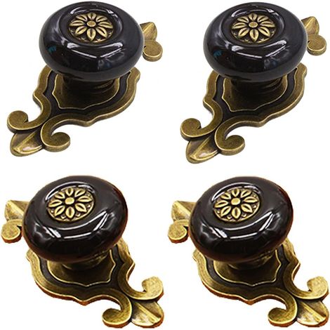 Lot de 4 boutons de placard rétro en céramique, style vintage antique avec plaque arrière, pour cuisine, commode, tiroir, placard, penderie, vert (1/4)