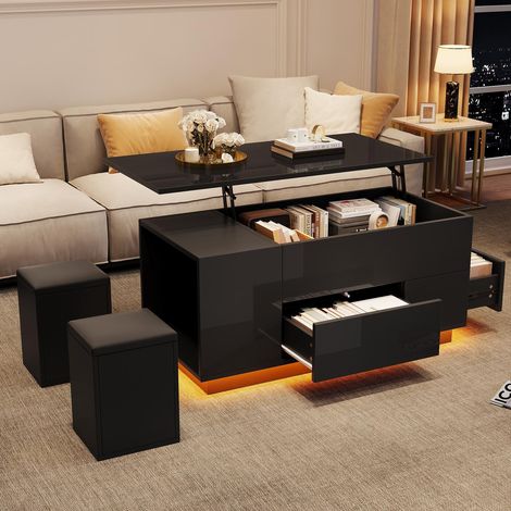 Table basse relevable 100x50x45cm - 4 en 1 - avec éclairage LED, 2 tiroirs et 2 tabourets - rangement dissimulé - brillante - noir (1/5)
