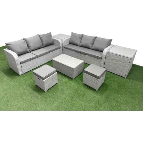 Fimous Outdoor Garden Furniture Sets 8 Seater Wicker Rattan Furniture Sofa Sets with Rectangular Coffee Table high Back Lounge Sofa Stools 2 Side Table Light Grey (1/5)
