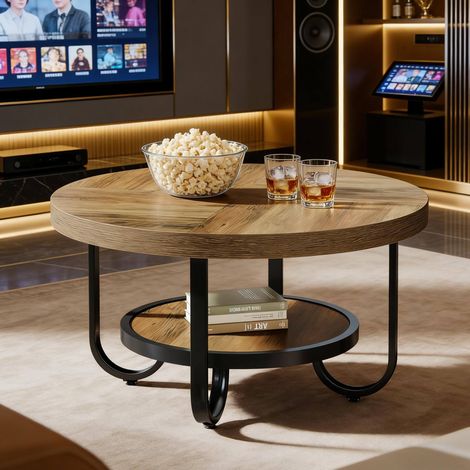 Table basse fixe ronde 79x79x45 cm en MDF et métal noir/marron, avec rangement pour salon FloraGrace (1/5)