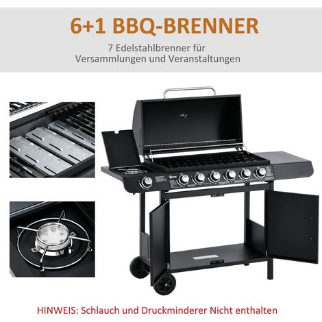 Grill à gaz 7 brûleurs, avec thermomètre, barbecue mobile, noir (1/5)