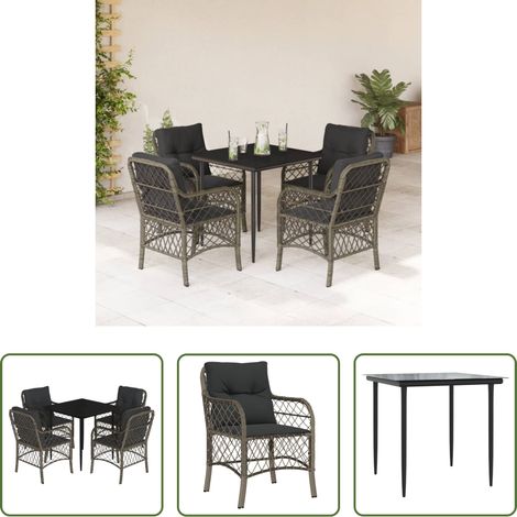 Gartenessgruppe - 5-tlg. Garten-Essgruppe mit Kissen Grau Poly Rattan (1/5)