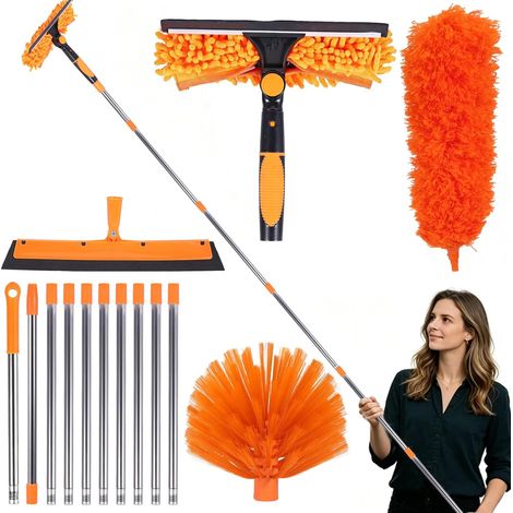 Lot de 5 Plumeaux Télescopiques, Extension Réglable Jusqu’à 6 Mètres Tête, Microfibre Lavable, Balai Anti Araignée, Raclette de Fenêtre Nettoyage Plafonds, Stores, Vitres (1/5)