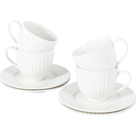 Set de 4 Tasses et Soucoupes en Porcelaine Thé Café Finition Brillante Artisanale Blanc Cowslip