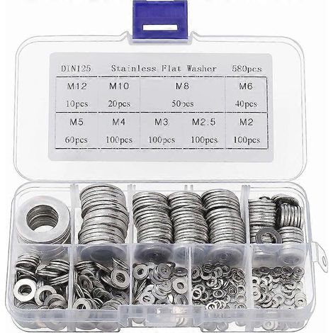 Unterlegscheiben aus Edelstahl mit Aufbewahrungsbox (580 Stück) – Sortiment in 9 Größen: M2, M2,5, M3, M4, M5, M6, M8, M10 und M12 – Packung mit Metallscheiben – Reparaturen