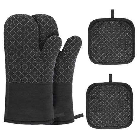 Gants de Cuisine Lot de 4 maniques - 2 Gants antidérapants de Cuisine et 2 Sets de Table individuels, Gants de Four Design antidérapant en Silicone pour Cuisine,Pâtisserie,Grillage (noir) (1/5)