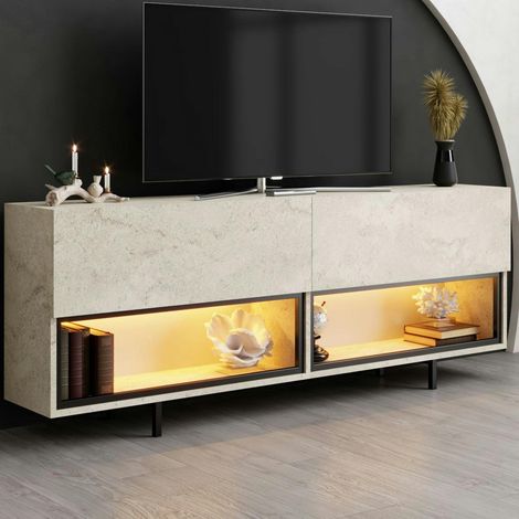 Meuble TV décor travertin 2 portes 2 niches LED AURA (1/5)