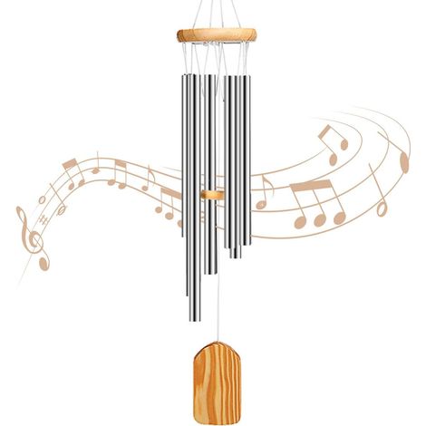 Grelot Éolien - 6 Tubes En Aluminium - Suspension Bois - Pour Jardin Terrasse Extérieur - Hauteur 62 Cm - 1 Pièce (1/5)