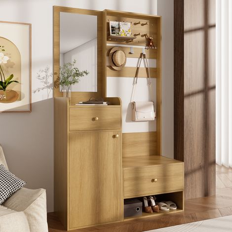 MEUBLIV Mueble recibidor 105x38x180 cm madera – con espejo, ganchos y almacenaje (1/5)