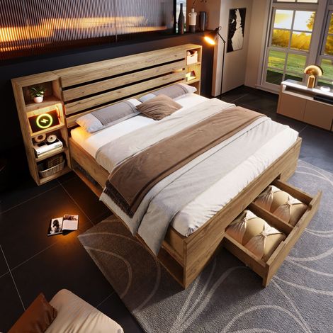 Lit double 160x200 cm effet chêne, tête de lit rangement LED, USB et USB-C, 2 tiroirs, sommier lattes, cadre métal (1/5)
