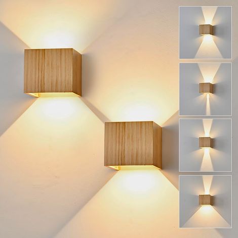 Lot de 2 appliques murales LED en bois 6 W, 3000 K blanc chaud, éclairage haut et bas, style vintage, pour escalier, entrée, terrasse et salon (1/5)