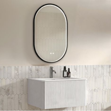 Mobile bagno sospeso 81 × 46,5 cm in MDF bianco con lavabo e specchio LED - CHICFURN (1/5)