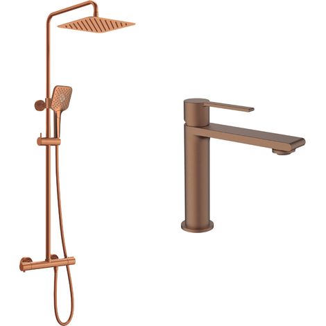 Colonne de douche thermostatique cuivrée brossée – Pommeau pluie inox 25x25 cm – Douchette 3 jets ABS – Flexible 150 cm (1/3)