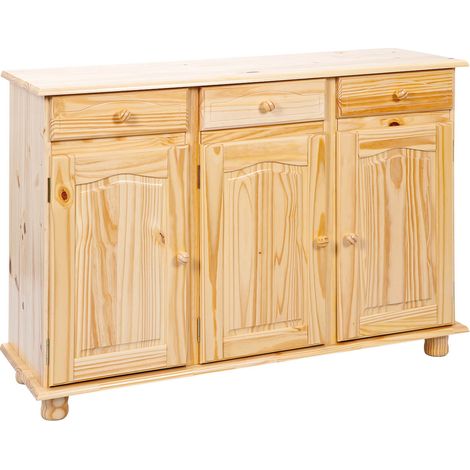 Altobuy – Buffet 3 portes 3 tiroirs en pin massif – Dimensions 130 x 43 x H87 cm – Finition vernis naturel – Style campagnard élégant (1/5)