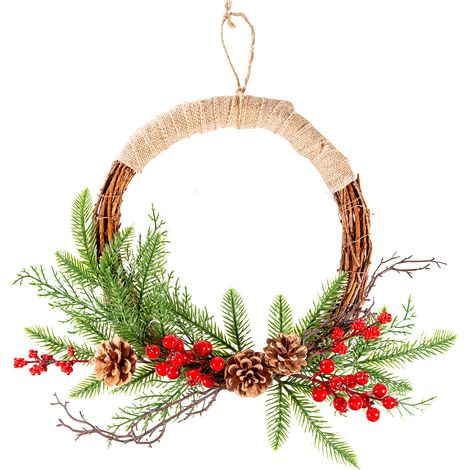 Couronnes de Noël en branches tressées décorées de sapin, baies rouges et pommes de pin, lot de 2, diam. 35 cm