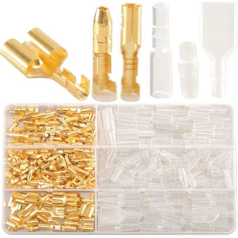 Kit di 320 connettori a crimpare in ottone, inclusi doppi terminali maschio e femmina con guaine isolanti, per applicazioni elettriche su motociclette e autoveicoli. (1/4)
