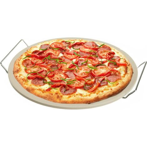 Pietra refrattaria rotonda per Pizza con Diametro di 32,5 cm resistente fino a 500°C - Vassoio in Ceramica beige con supporto e manici in metallo (1/5)