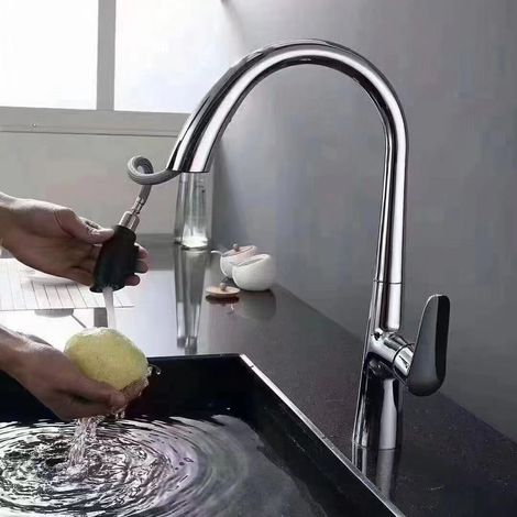 Gunmetal gray pull-out kitchen faucet, household pressure boosting universal faucet for dishwashing and vegetable washing basins, hot and cold water splash-proof faucet - alloy electroplated model wit