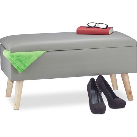 Relaxdays Banco con almacenaje 40 L, tapizado, patas de madera, arcón de piel sintética, 40 x 80 x 39,5 cm, gris (1/5)
