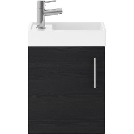 Cloakroom Wall Hung 1 Door Vanity Unit with Basin, 400mm - Woodgrain Charcoal Black (1/3)