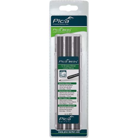 Etui de rechange 12 mines pour briques rugueuses et béton – Mines graphites 10H – Longueur 150 mm – Étui plastique double ouverture – Pica