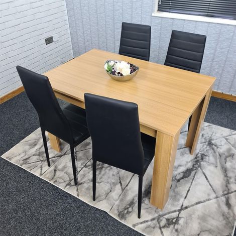 Dining Table and 4 Chairs Oak Effect Wood 4 Black Leather Chairs Dining Room (1/5)