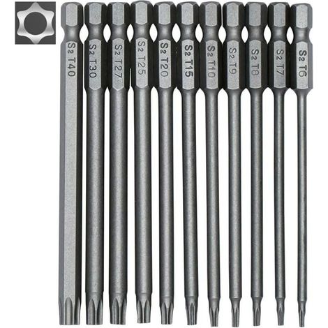 Jeu de 11 embouts Torx pour tournevis et visseuse électrique - embouts magnétiques - tige hexagonale de 1/4" - tailles T6 à T40 - longueur 100 mm (1/4)