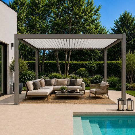 Pergola Bioclimatique Aluminium Autoportante Gris 5x3 Manuelle S ORIAL France (1/5)