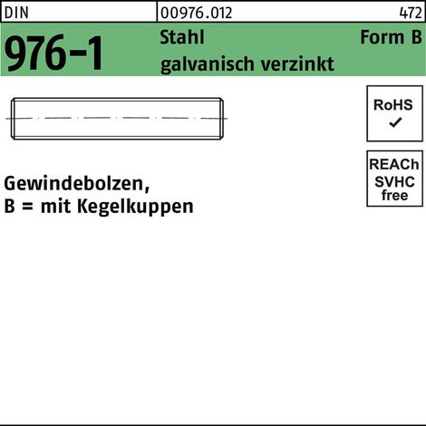DIN 976 Form B Gewindebolzen VG M16x300 Stahl galvanisch verzinkt m. Kegelkuppe 10 Stk (1/2)