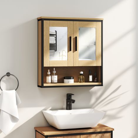 Badezimmer-Wandschrank mit Spiegel, Badezimmermöbel mit offenem Fach und verstellbarem Einlegeboden, Eiche