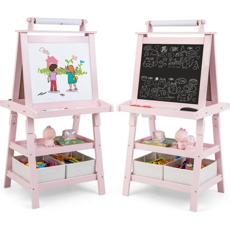 COSTWAY Pizarra de Doble Cara para Niño Caballete de Infantil Tablero de Pie con 2 Cajas de Almacenamiento,Rollo de Papel y Estantes (Rosa) (1/5)