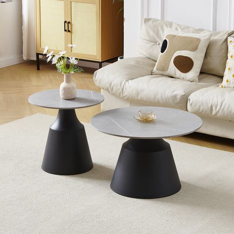 Set Tavolini Dual Rotondi in Ceramica Grigio Opaco con Struttura in Metallo Nero – Coppia Tavoli Salotto Moderni (1/5)