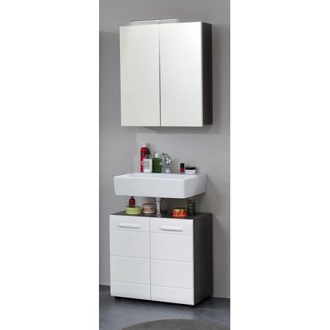 Waschplatz Kombination inkl. Beleuchtung LISBOA-19 in Weiß Hochglanz mit Sardegna Rauchsilber, B/H/T: ca. 60/182/31 cm (1/5)