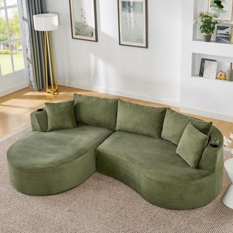 Canapé compressible 3 places, méridienne à gauche + canapé 2 places, design arqué, tissu velours côtelé doux, avec porte-gobelet et coussins, emballé sous vide, pour salon, hôtel, appartement et burea