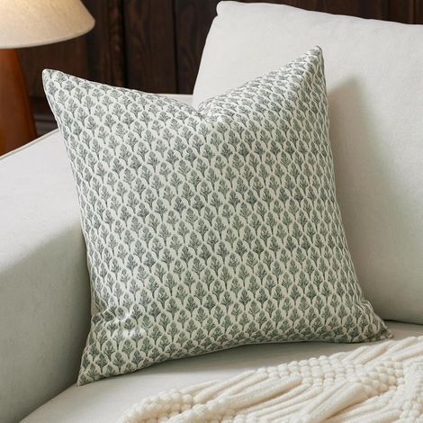 Funda de cojín decorativa verde oliva de 45 cm con estampado floral para sofá o sala de estar. (1/5)