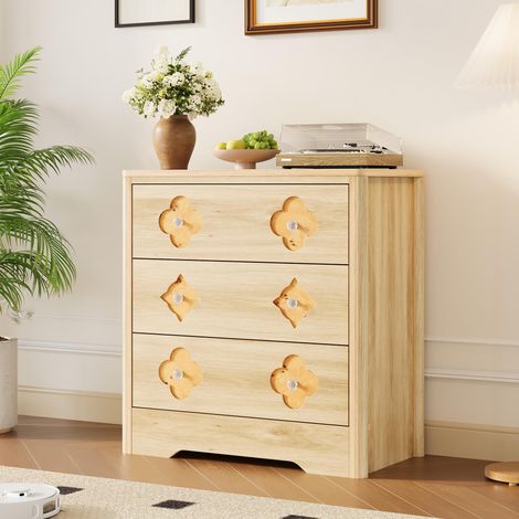 Commode 3 tiroirs façade ajourée motifs floraux poignées cristal H77 x L80 x P40 cm, meuble rangement élégant chambre salon - Couleur Bois (1/5)
