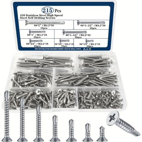 Lot assortiment de 215 vis autotaraudeuses en acier inoxydable, 7 tailles différentes pour fixation bois et métal (1/4)
