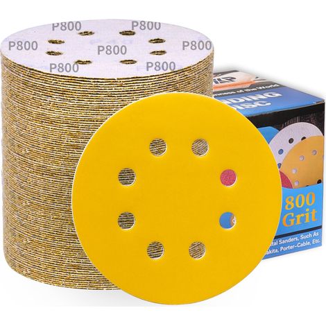 Disques abrasifs 125 mm grain 800, papier abrasif en alumine calcinée 8 trous, revêtement abrasif antiadhésif pour ponceuse orbitale (100 pièces) (1/5)