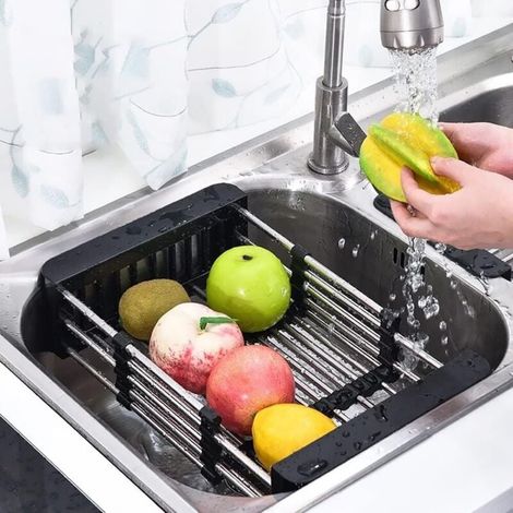 Panier de vidange, égouttoir pour évier, Égouttoir télescopique en acier inoxydable, utilisé pour laver la vaisselle dans lévier de la cuisine(noir) (1/4)
